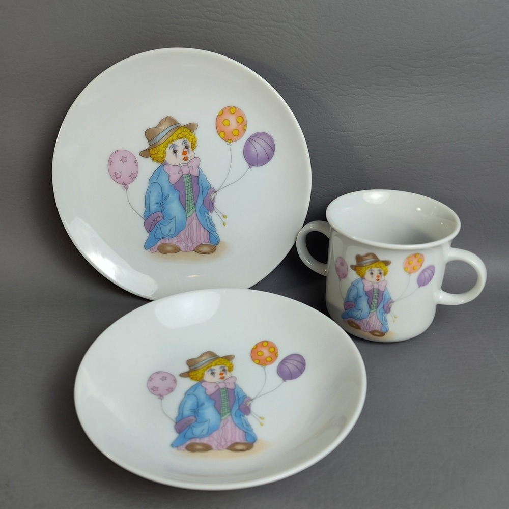Vintage Clown Children's Dinner Set Plate Bowl & Cup Balloons Porcelain Japan‎